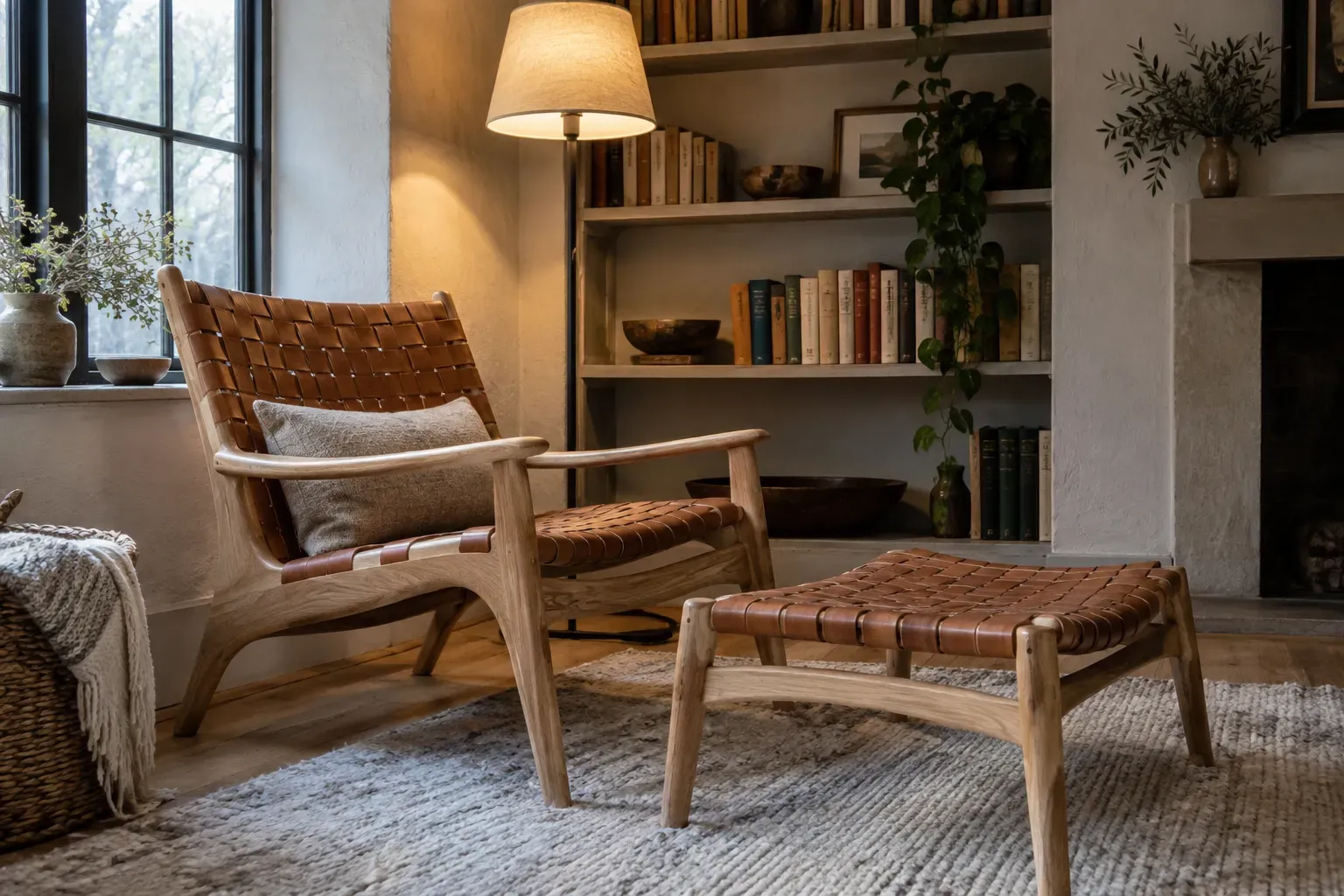 White oak lounge chair and matching ottoman with woven tan leather seats beside a bookshelf and floor lamp