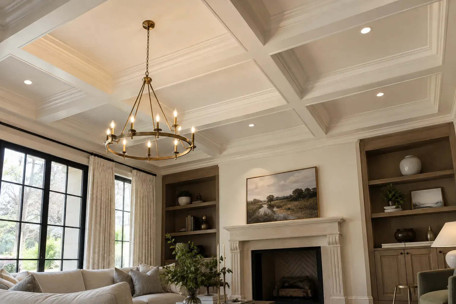 White painted coffered ceiling with layered trim over a living room with a brass chandelier and fireplace built-ins