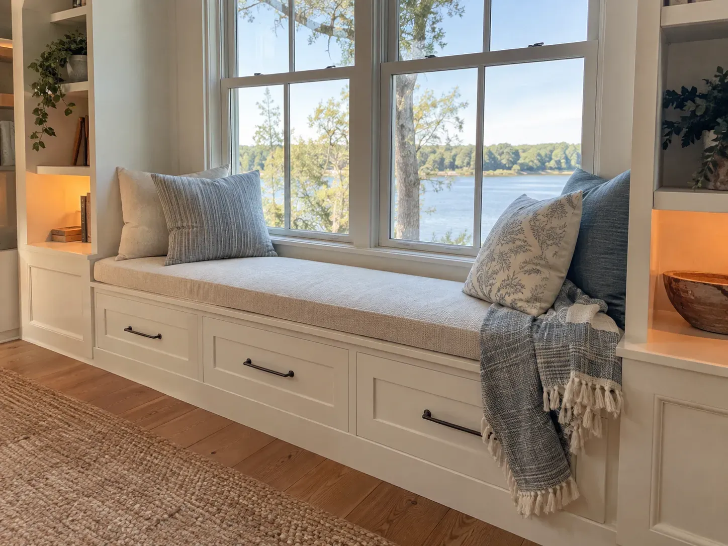 White window seat with linen cushion and drawer storage below windows overlooking a lake