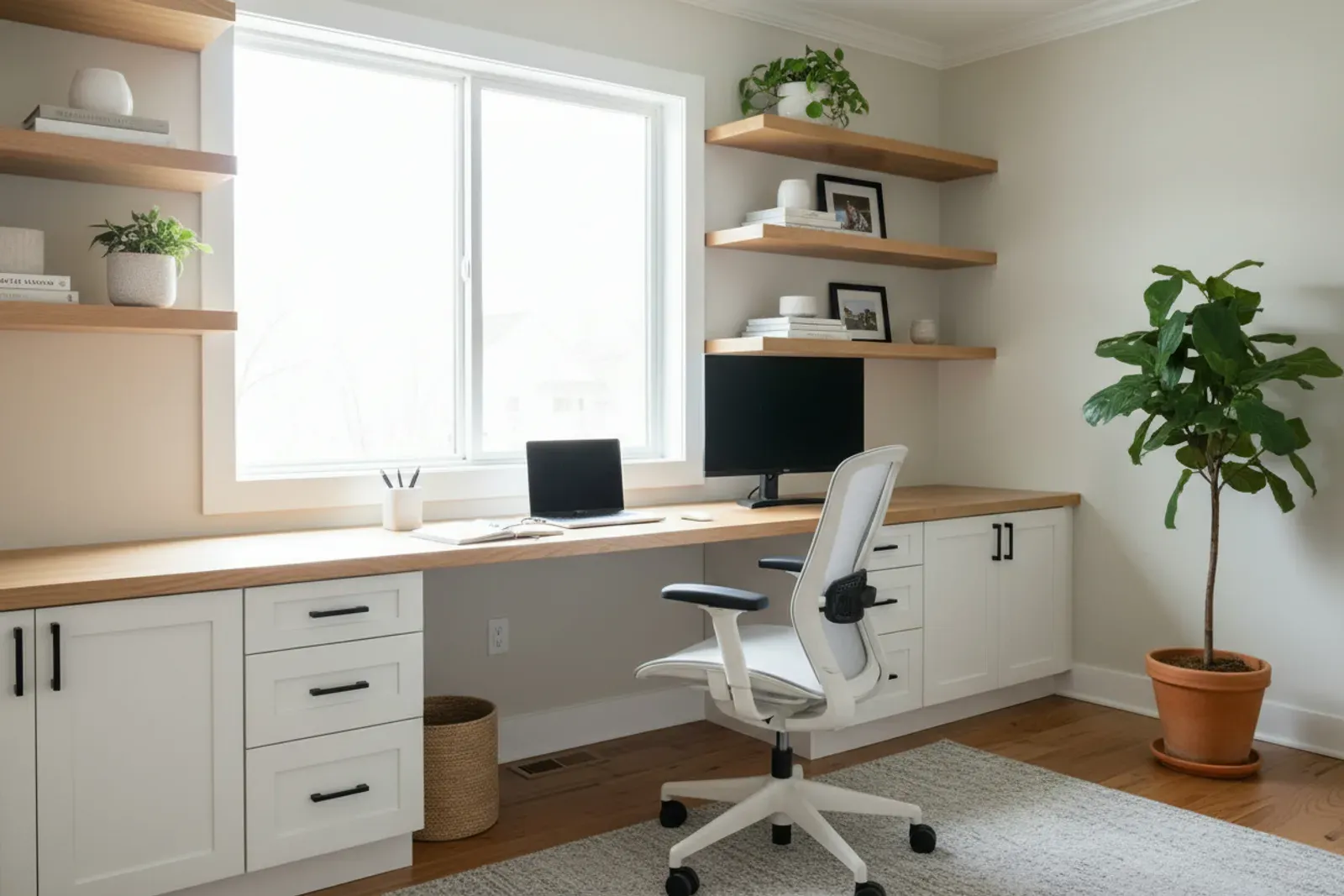 Home office with a built-in desk and upper shelving in white oak with black hardware