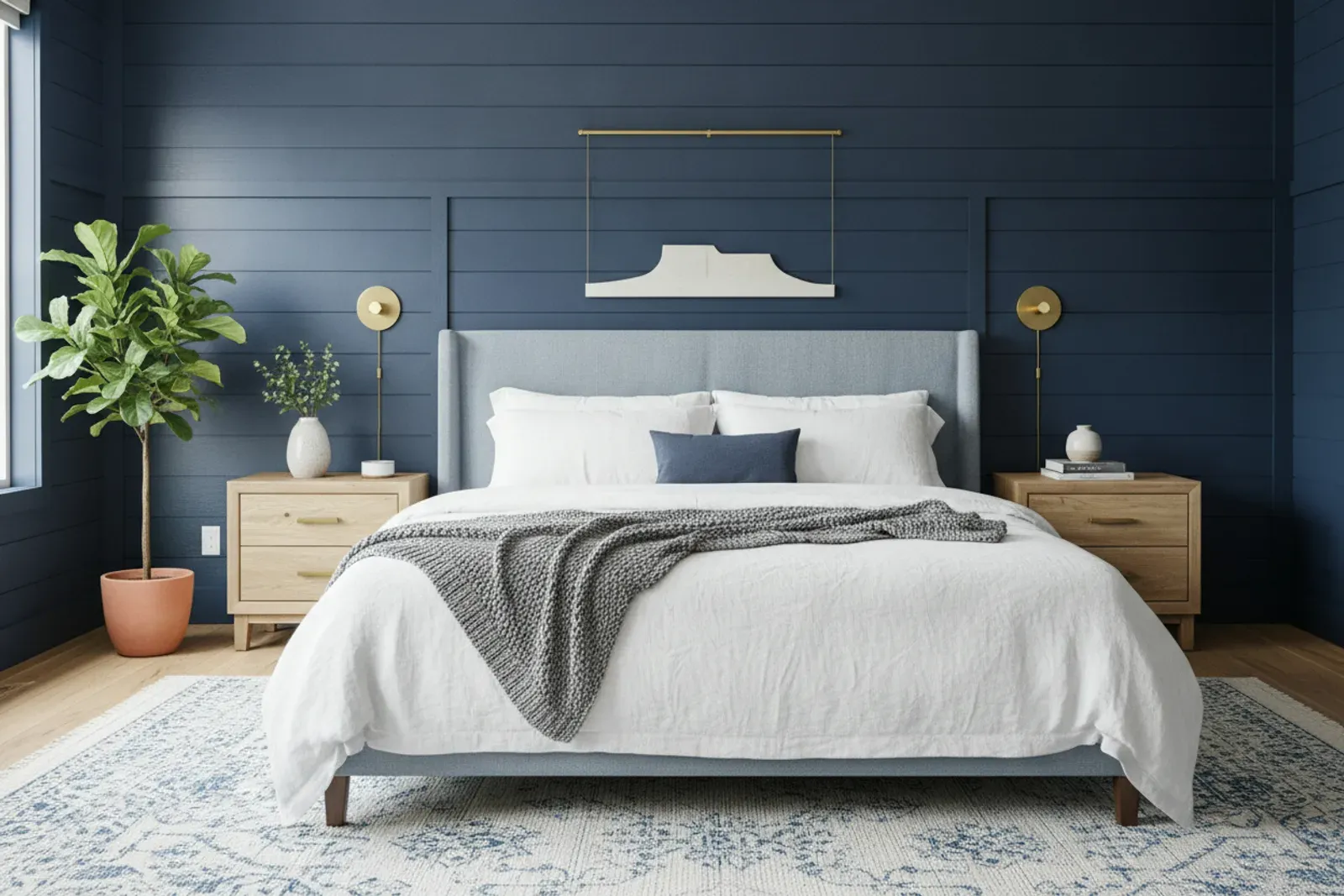 Bedroom wall of board and batten panelling behind the bed in painted navy with brass hardware