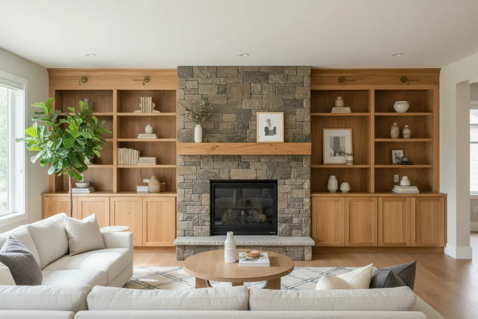 Living room with built-in cabinets and shelving flanking a fireplace in natural maple