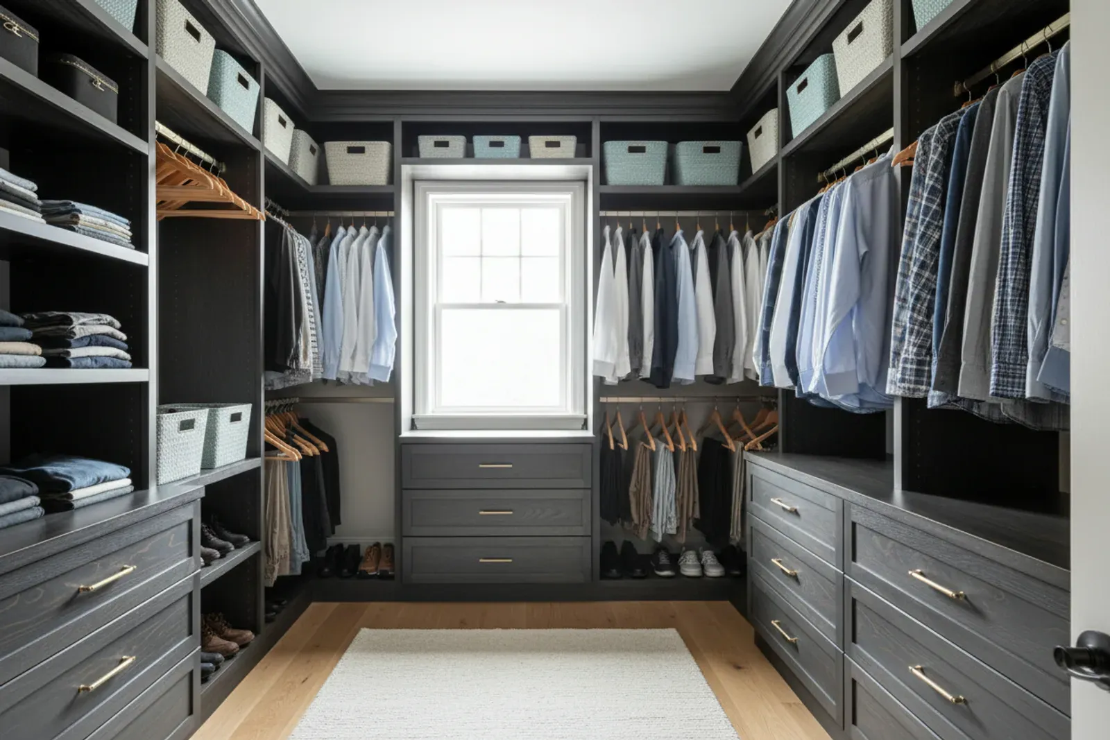 Walk-in closet of wood shelving, hanging rods and drawer banks in painted charcoal