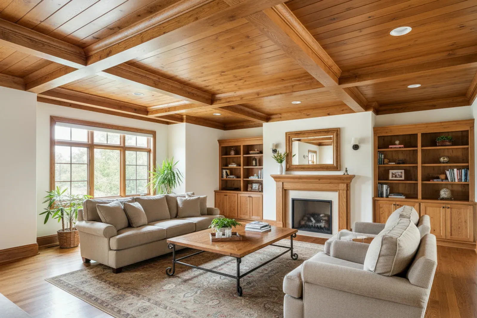 Room with wood ceiling beams and layered crown molding in warm stained oak