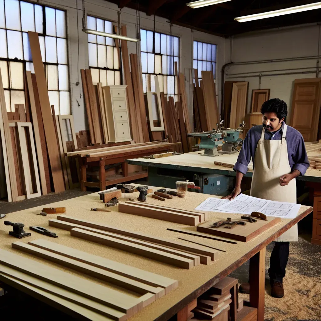Woodworker reviewing drawings at a bench of milled boards in a wood shop stacked with lumber