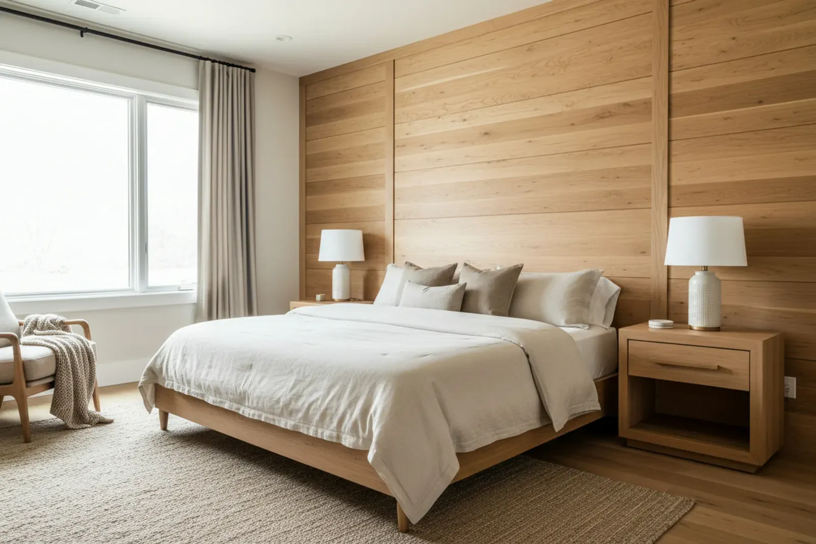 Bedroom wall of board and batten panelling behind the bed in natural maple