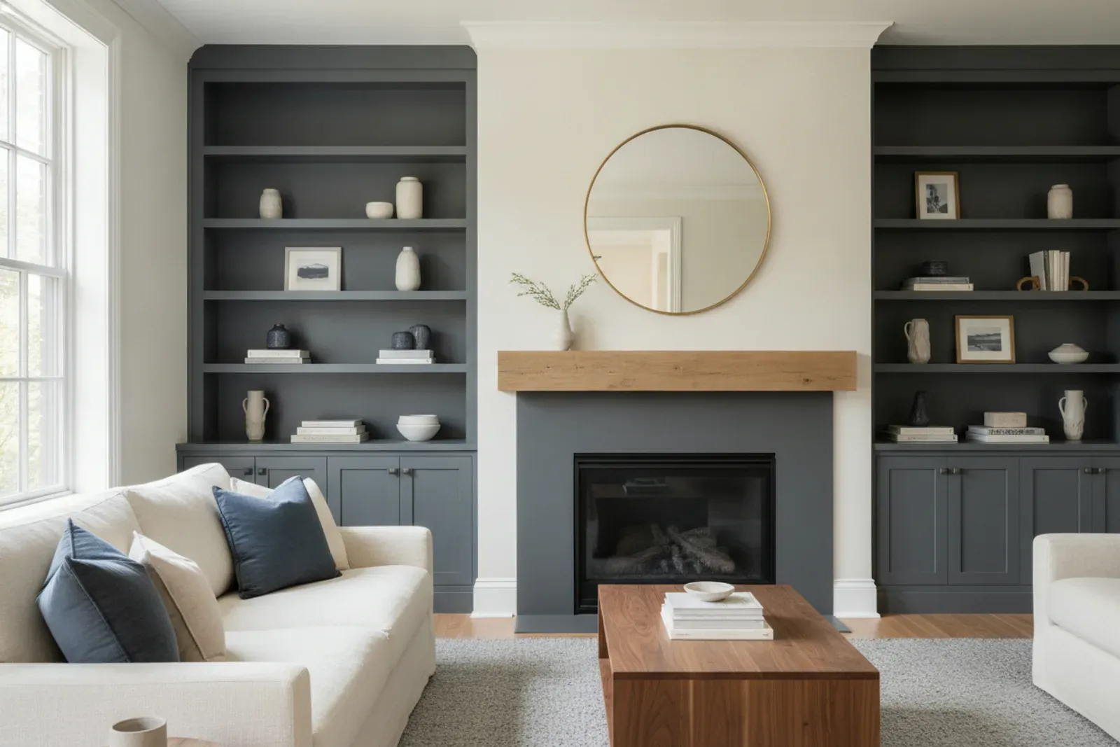 Living room with built-in cabinets and shelving flanking a fireplace in painted charcoal