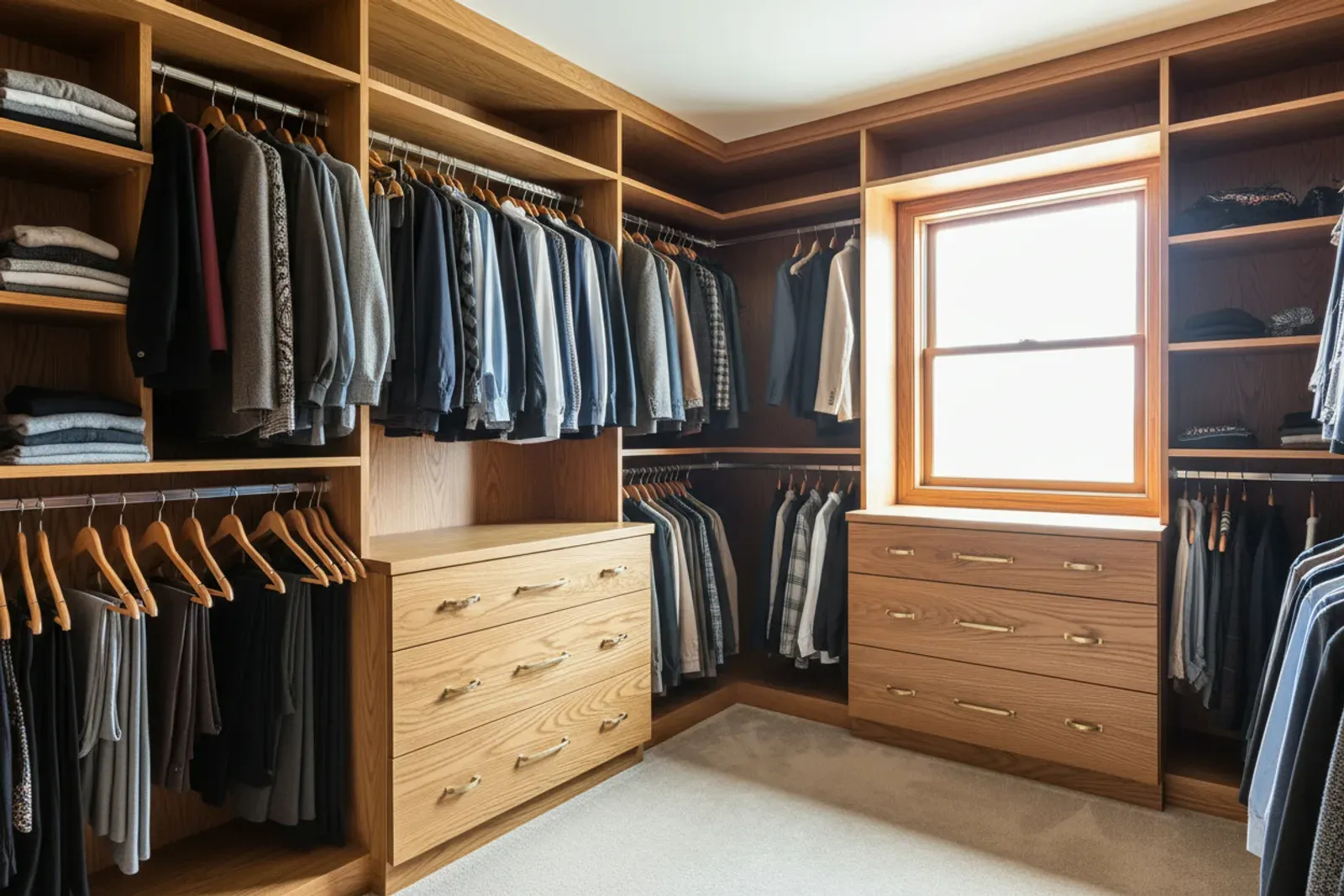 Walk-in closet of wood shelving, hanging rods and drawer banks in warm stained oak
