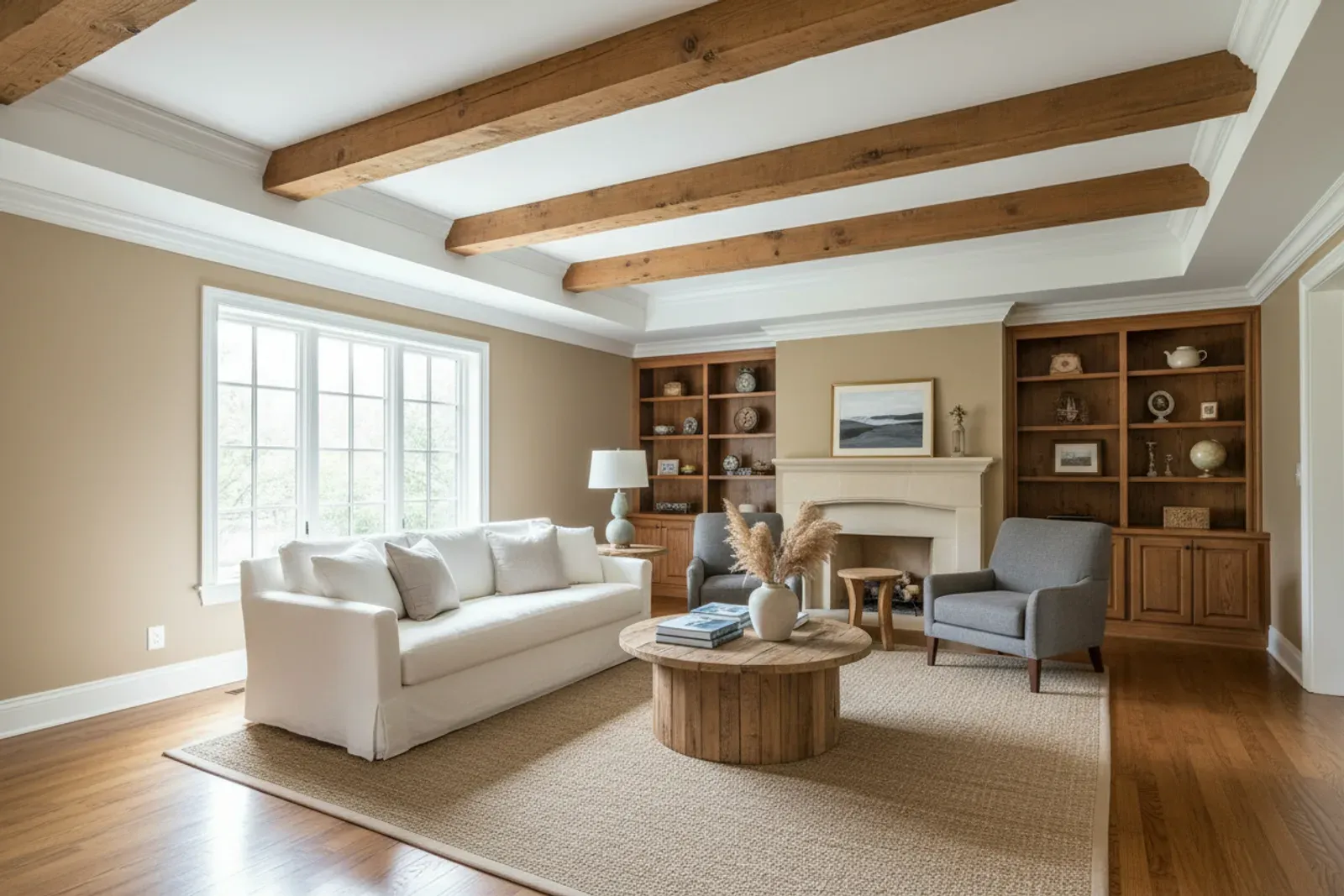 Room with wood ceiling beams and layered crown molding painted soft white