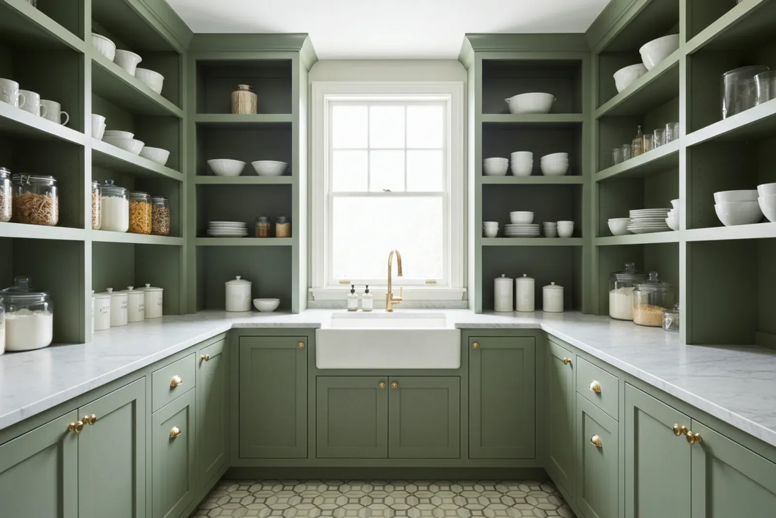 Butler pantry of floor to ceiling wooden shelving and cabinets in painted sage green